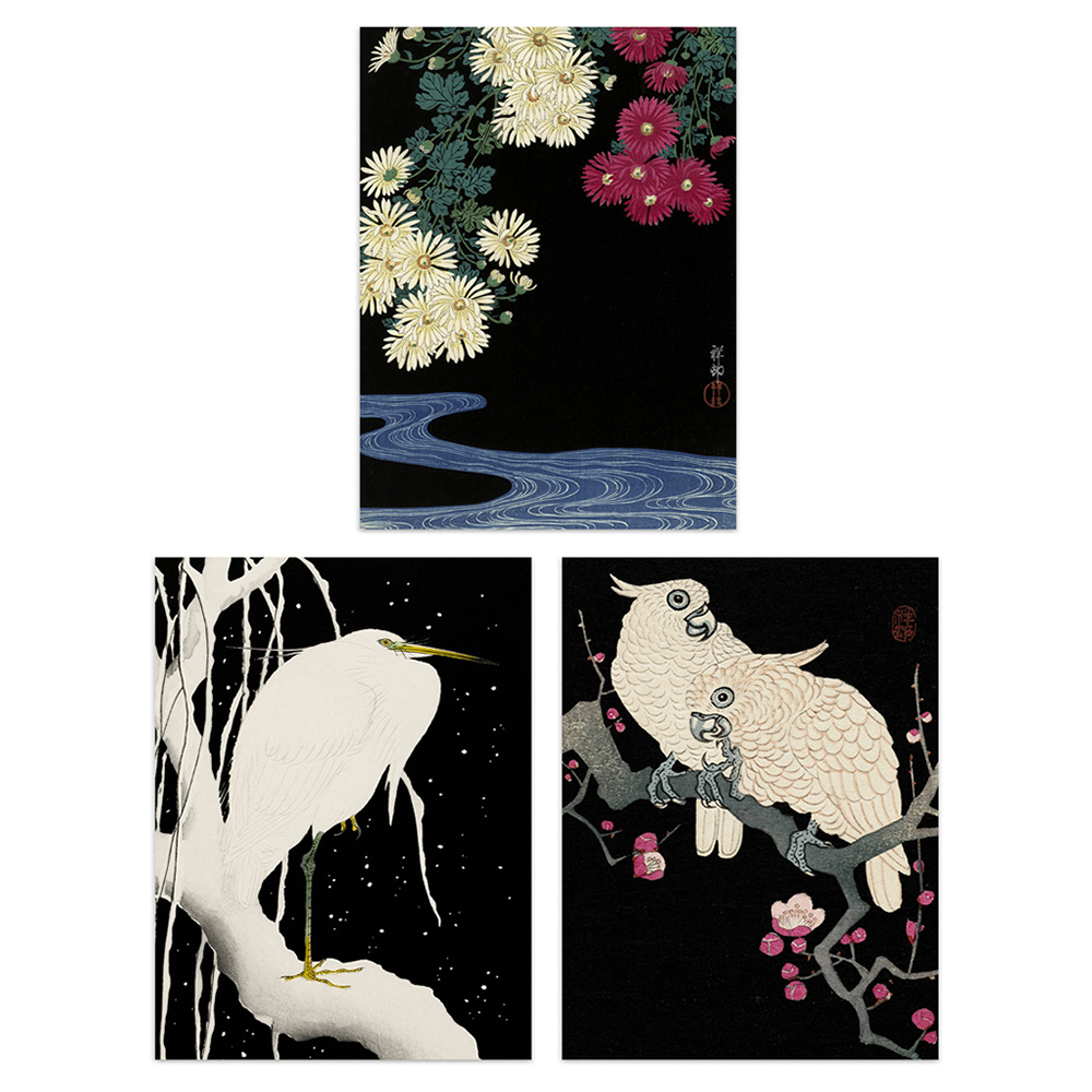 Artery8 White Ohora Koson Flower Heron Cockatoo Artwork Wall Art Print 30 x 41cm 3 Pack Image 1