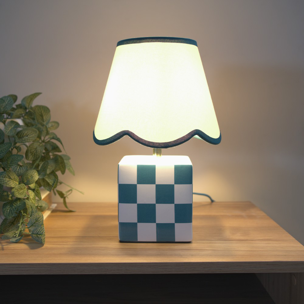 ValueLights Evie Set of 2 Sage Green Trim Linen Scallop Shade Cube Checkered Ceramic LED Table Lamp Image 2