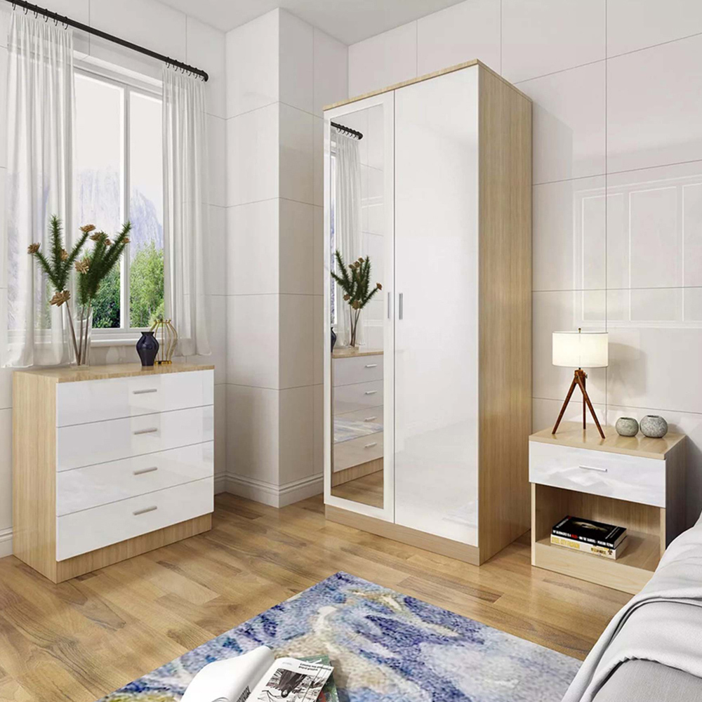 Brooklyn 3 Piece Oak and Cream High Gloss Bedroom Furniture Set Image 1