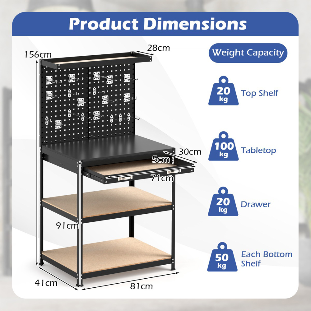 Costway Black Workbench with Pegboard and Shelves 81 x 41cm Image 9