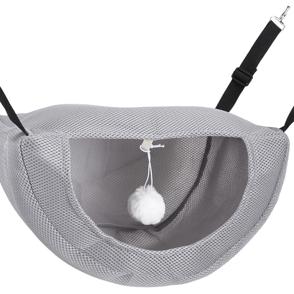 H&O Direct 19 x 82 x 24cm Grey Mesh Foldable Hanging Hammock Pet Bed with Pom Pom Image 3