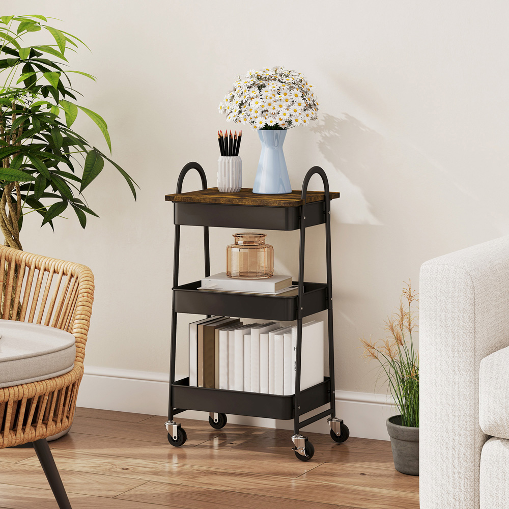 Portland 3 Tier Rustic Brown and Black Rolling Utility Cart with Mesh Baskets Image 4