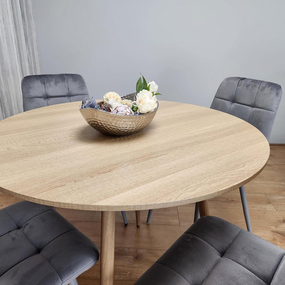 Portland 4 Seater Velvet Round Dining Set Wood Effect and Grey Image 2