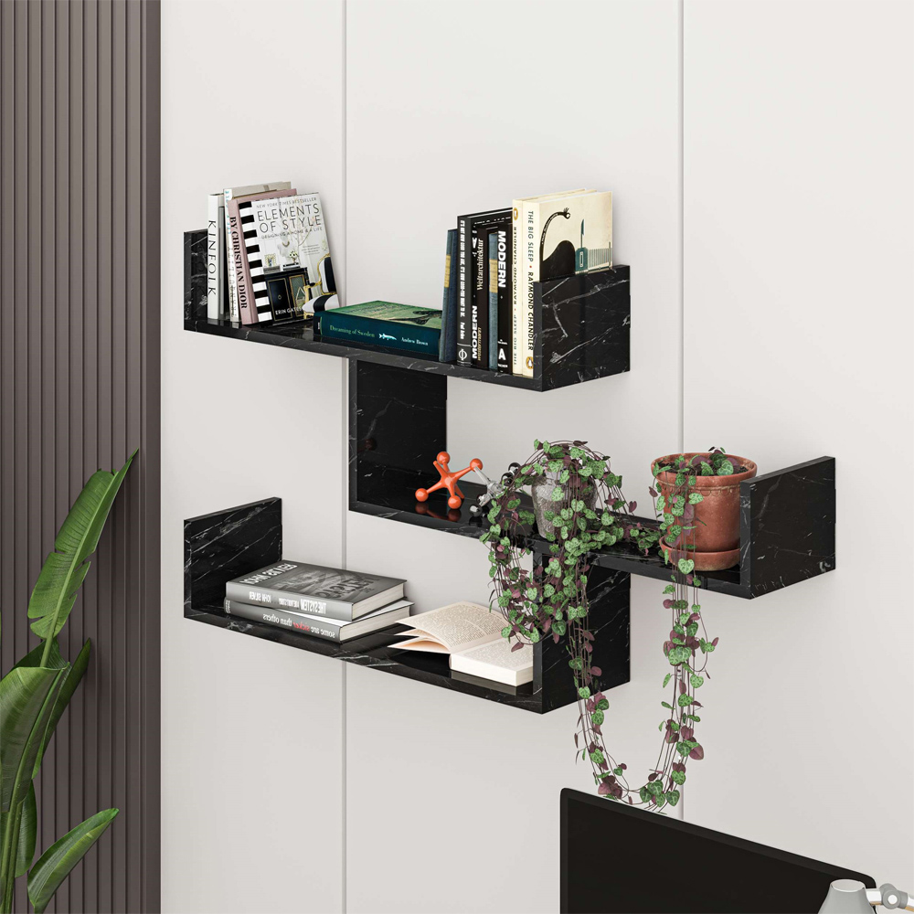 Decortie Tibet Black Marble Effect 3 Tier Wall Mounted Bookcase Display Unit Image 4