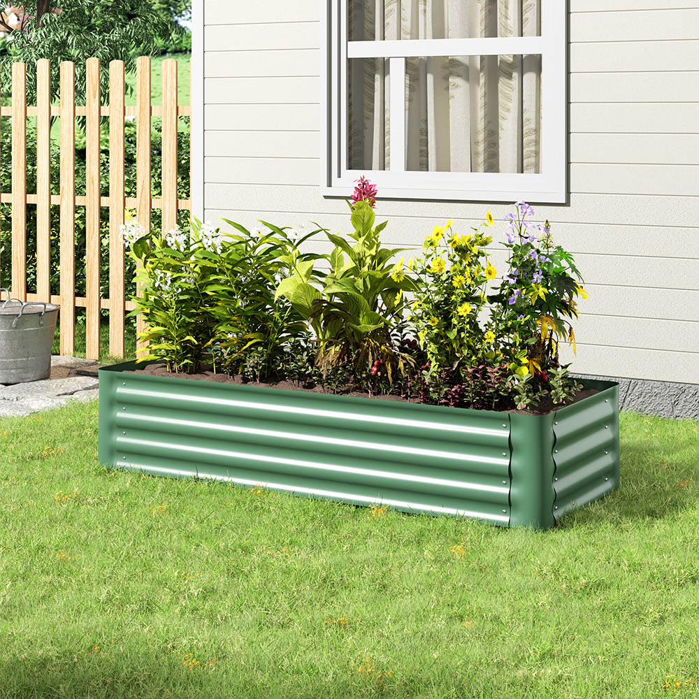 Living and Home Green Corrugated Galvanised Steel Planter Bed with Stand Image 2