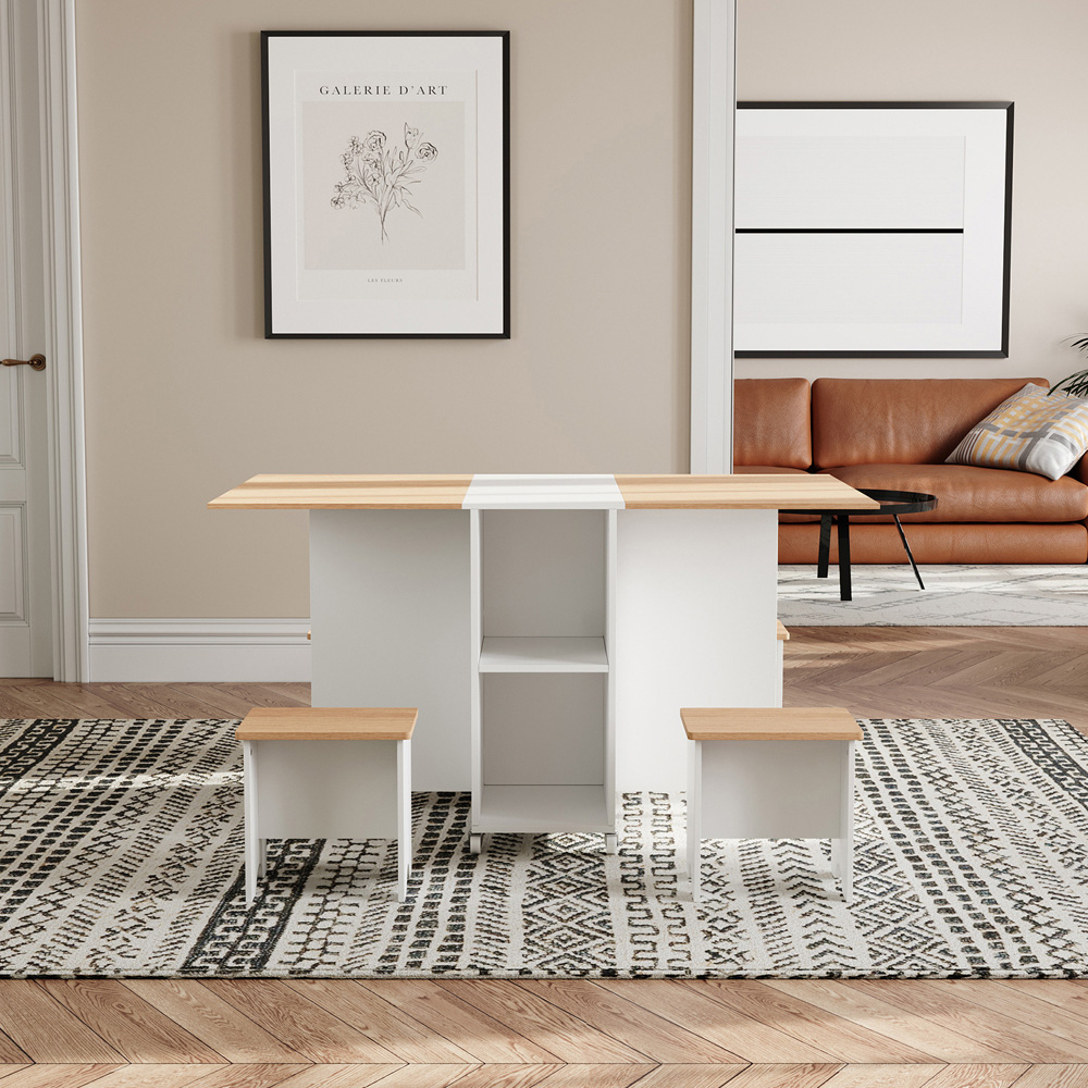 Living and Home 4 Seater Drop-Leaf Table Dining Set White and Light Wood Image 8