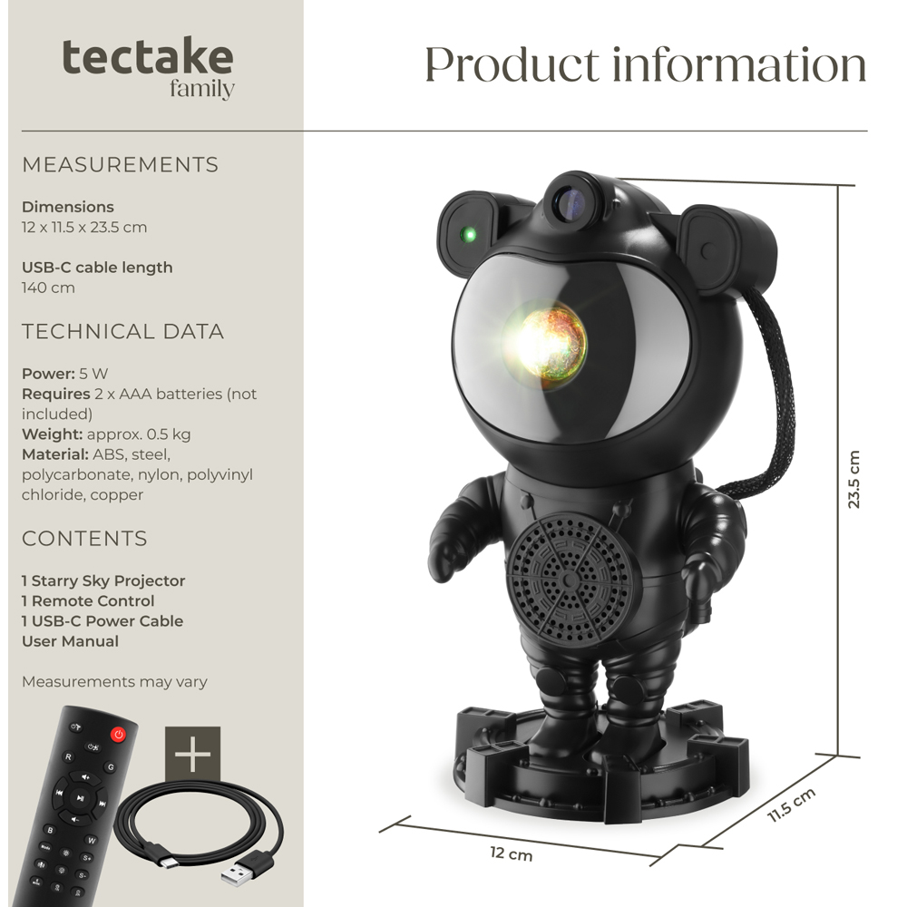 tectake Black LED Starry Sky Projector Astronaut with Bluetooth and Remote Control Image 9