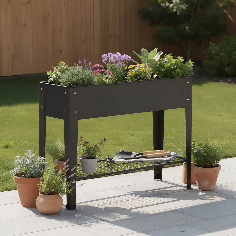 Harbour Housewares Anthracite Galvanised Steel Raised Garden Bed with Legs and Storage Shelf Image 2
