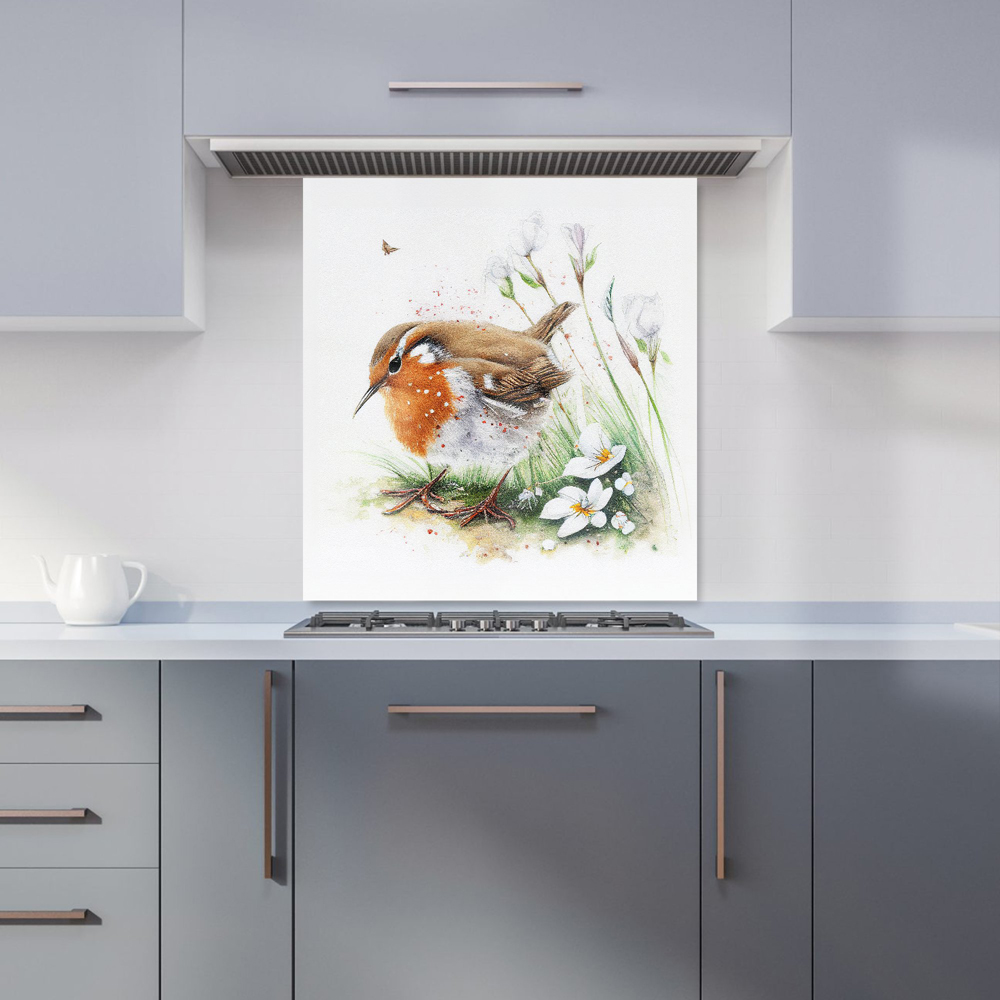 Warren Reed Designer Robin and Daisies Watercolour Glass Kitchen Splashback 75 x 70cm Image 1