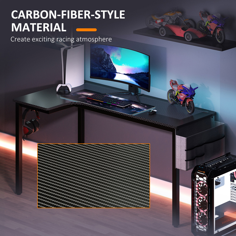 HOMCOM L Shaped Corner Computer Desk with Fabric Bag and Hooks Black Image 7