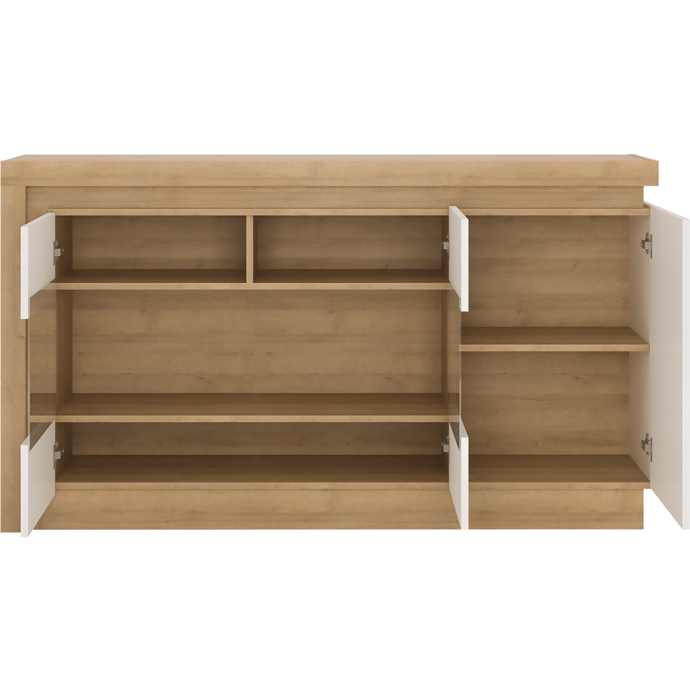 Florence Lyon 3 Door Glazed Riviera Oak and White Sideboard with LED Lighting Image 3