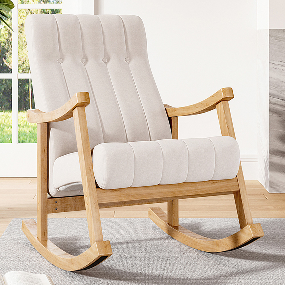Living and Home Beige Velvet Upholstered Tufted Rocking Chair Image 1