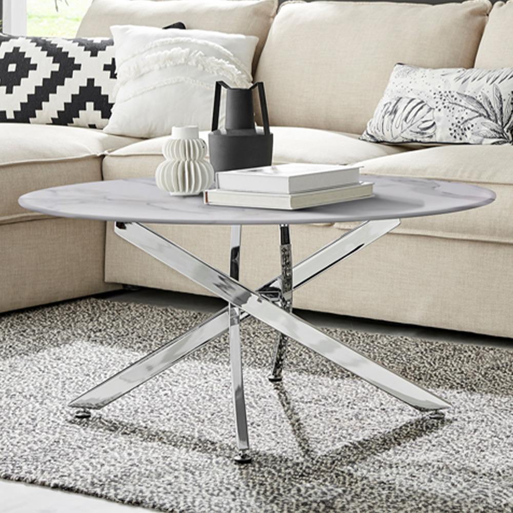 Furniturebox Arona Round White Marble Effect Glass Coffee Table with Silver Legs Image 1