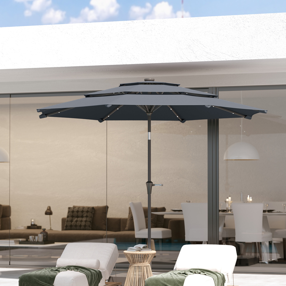 Outsunny Grey 3 Tier Crank and Tilt Parasol with Solar LED 2.61m Image 3