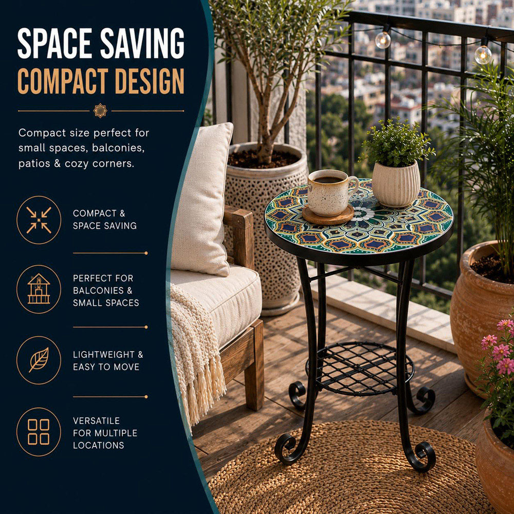 Shatchi Casablanca 2-in-1 Single Shelf Mosaic Ceramic Tile Top Plant Stand Side Table Image 9