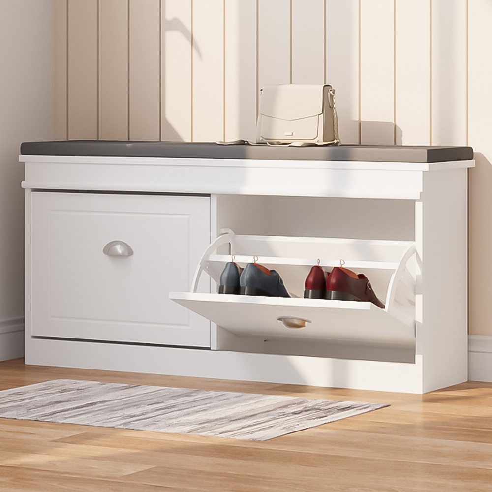 Living and Home 2 Door White Flip Down Shoe Bench Cabinet Image 1