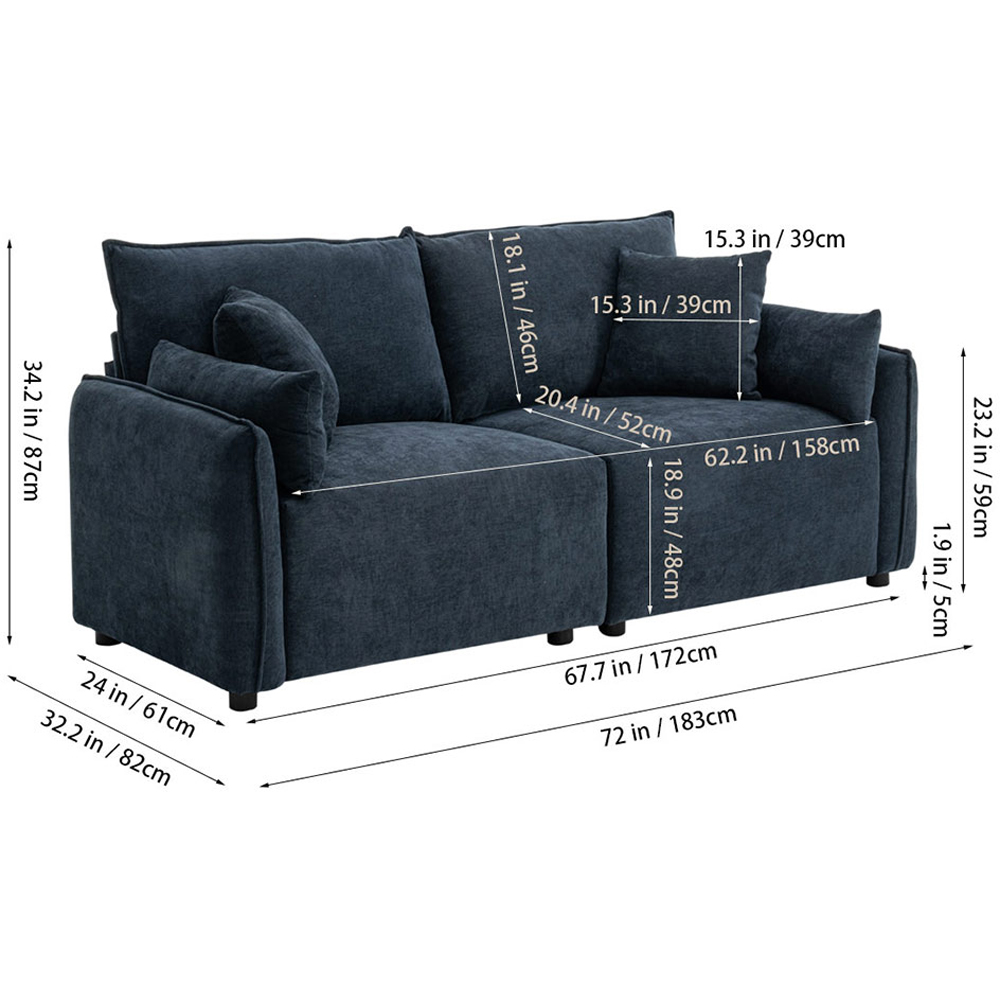 Living and Home 2 Seater Sofa Blue Chenille with Throw Pillows Image 9