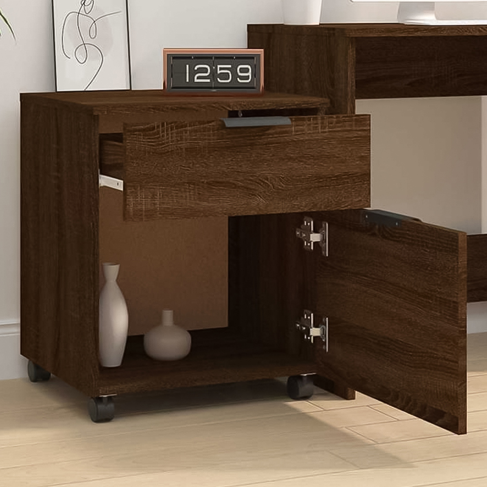 vidaXL Single Door Single Drawer Brown Oak File Cabinet with Swivel Wheels Image 1