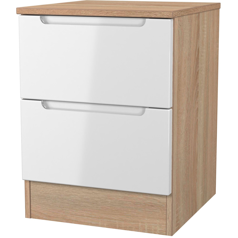 Crowndale Milan 2 Drawer White Gloss and Bardolino Oak Compact Bedside Cabinet Ready Assembled Image 2