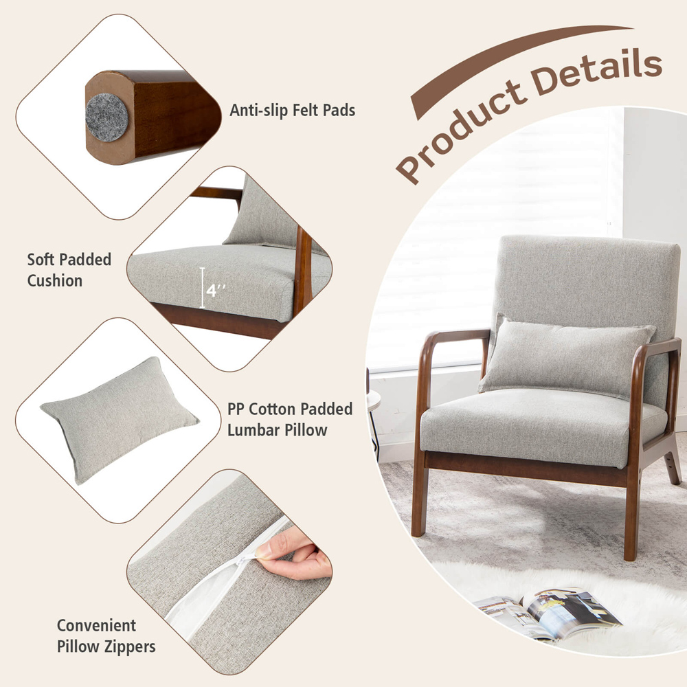 Costway Grey Accent Chair with Lumbar Pillow Image 6
