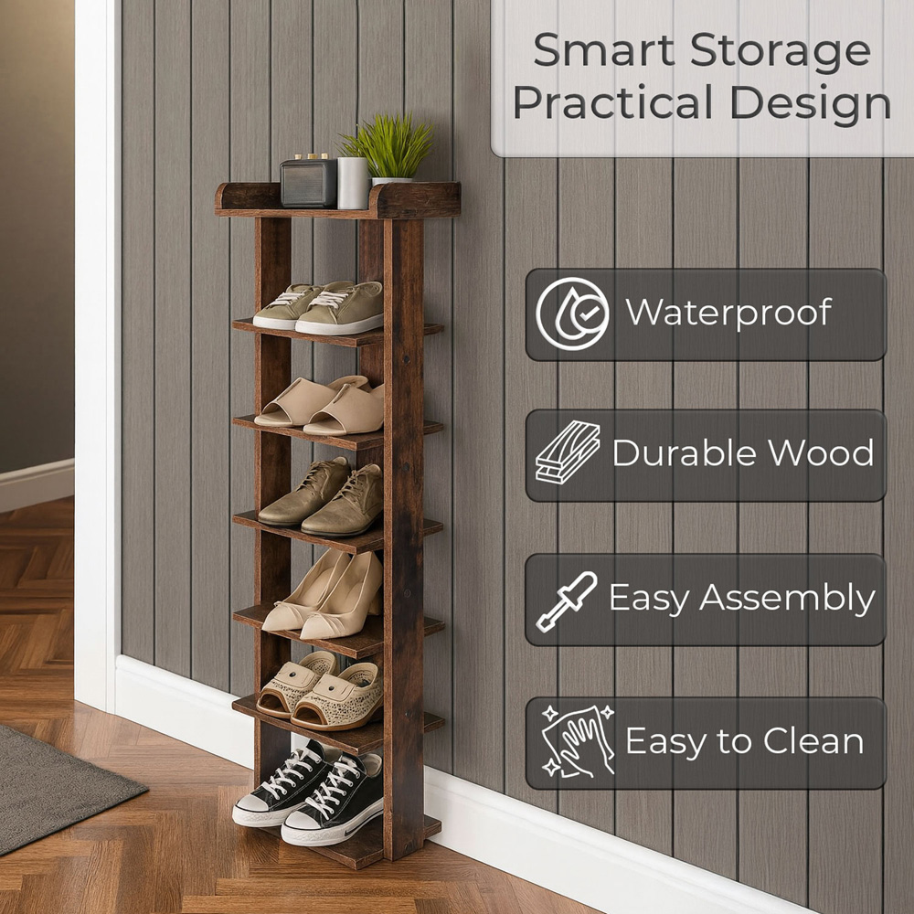 Neo 7 Shelf Walnut Wooden Slim Shoe Rack Image 5