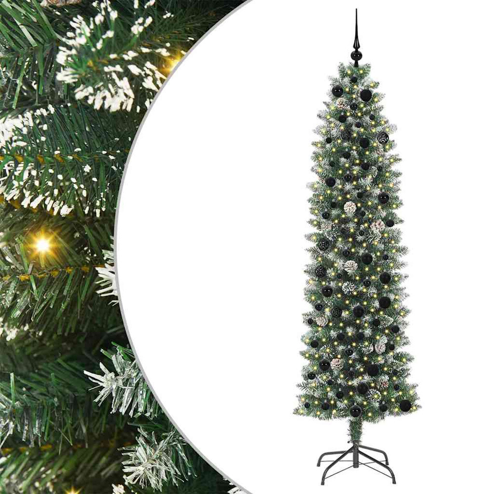 vidaXL Pre-Lit Warm White LED and Black Baubles Green Slim Artificial Christmas Tree 7ft Image 7