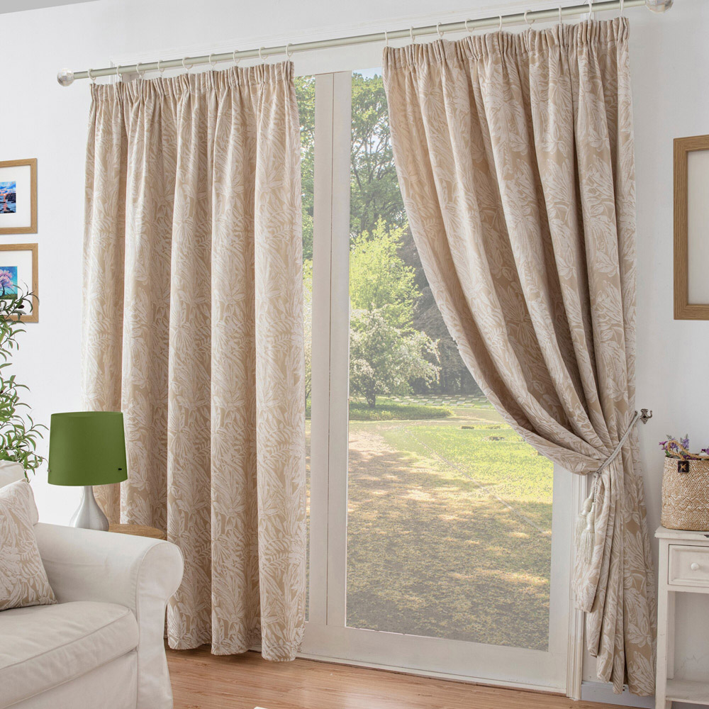 Alan Symonds Cream Chenille Jacquard Lined Pencil Pleat Taped Top Curtains 117 x 183cm Image 1