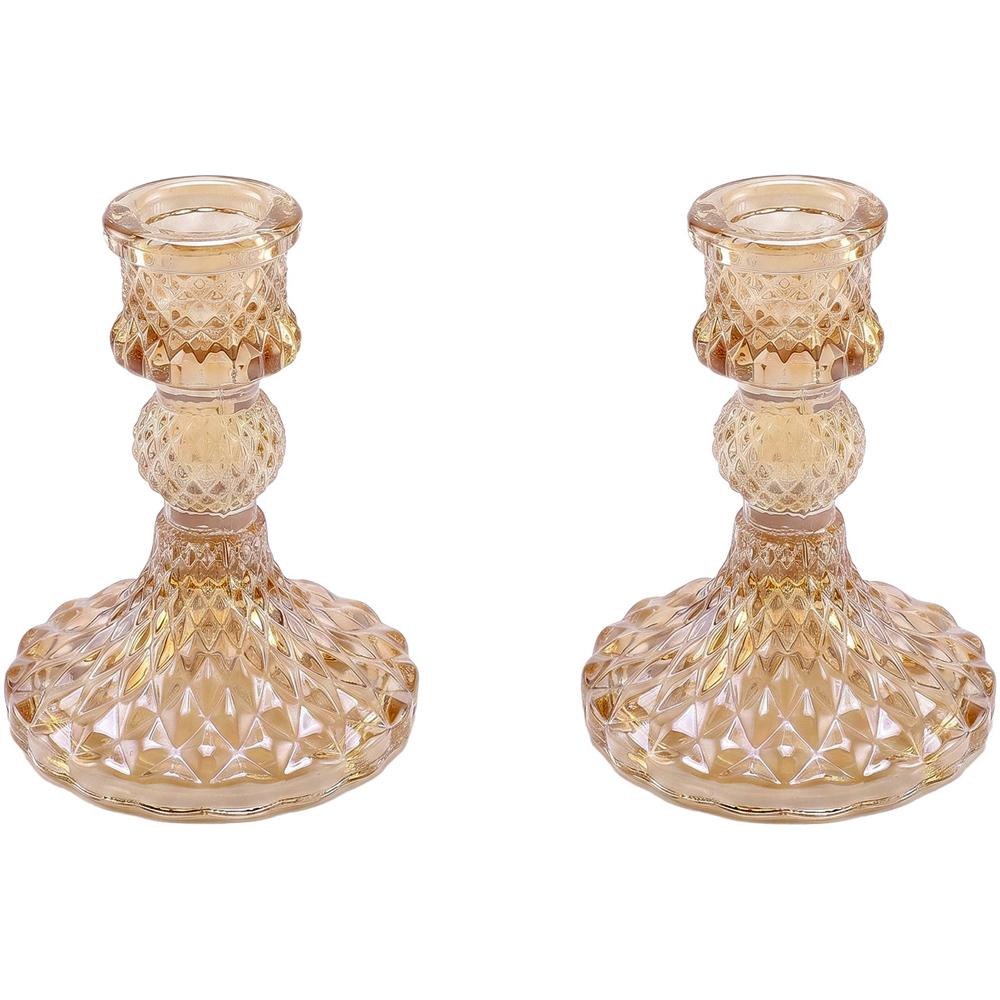 Living and Home Amber Glass Candlestick Holder Set of 2 Image 5