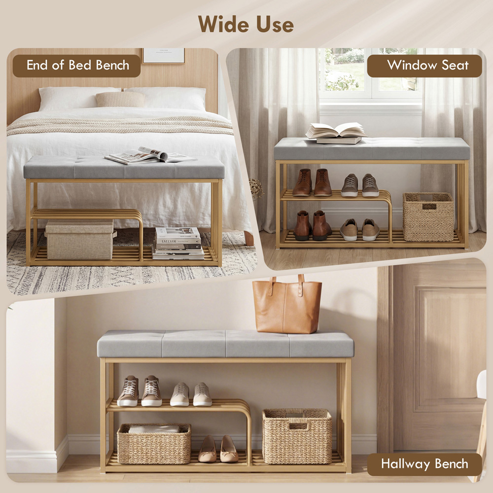 Portland 3 Shelf Grey Shoe Rack Bench with Tufted Cushion Seat Image 6