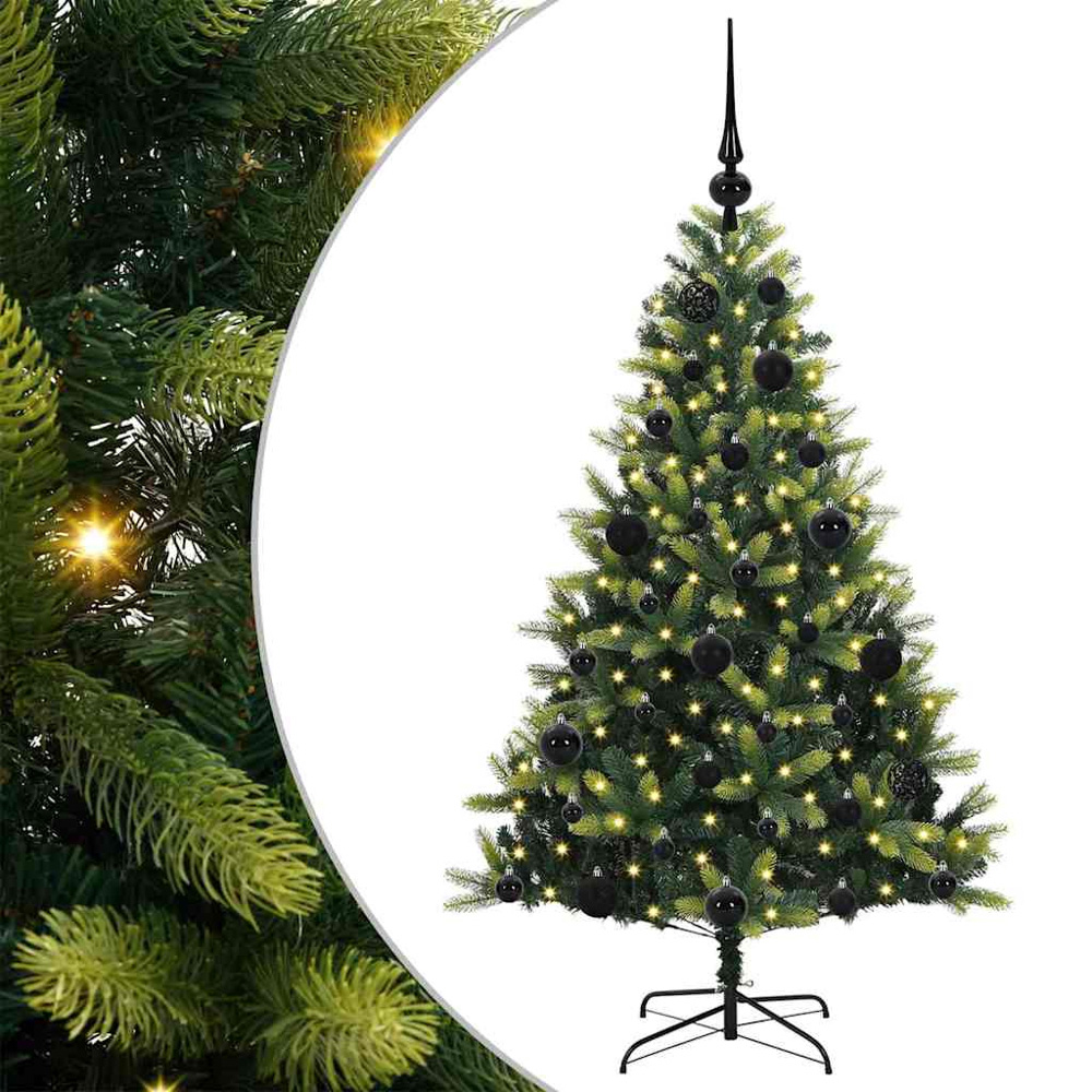 vidaXL Pre-Lit Black Baubles Green Artificial Hinged Christmas Tree 4ft Image 2