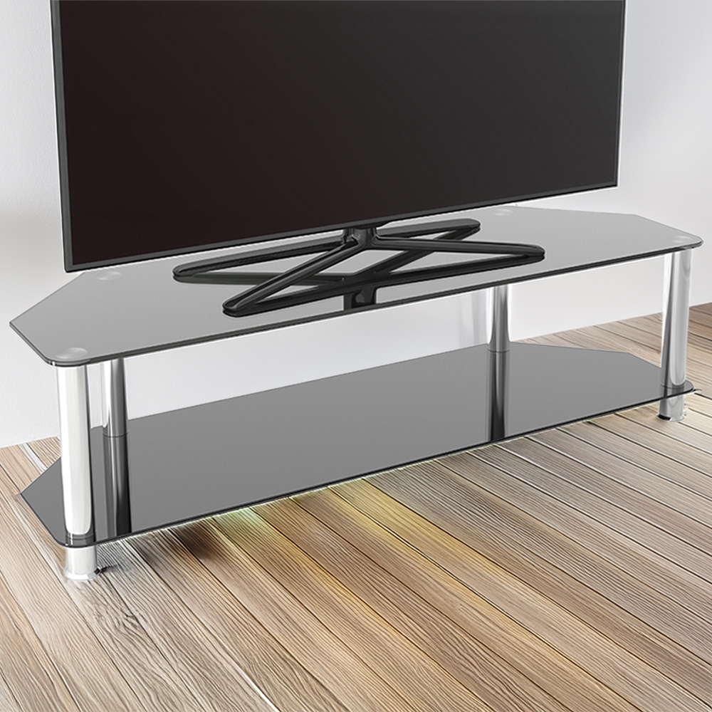 AVF Classic 2 Shelf Black and Chrome Glass Corner TV Unit Image 1