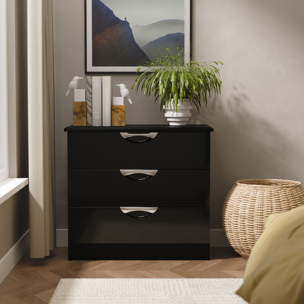 Crowndale Camden 3 Drawer Black Gloss and Black Chest of Drawers Ready Assembled Image 7