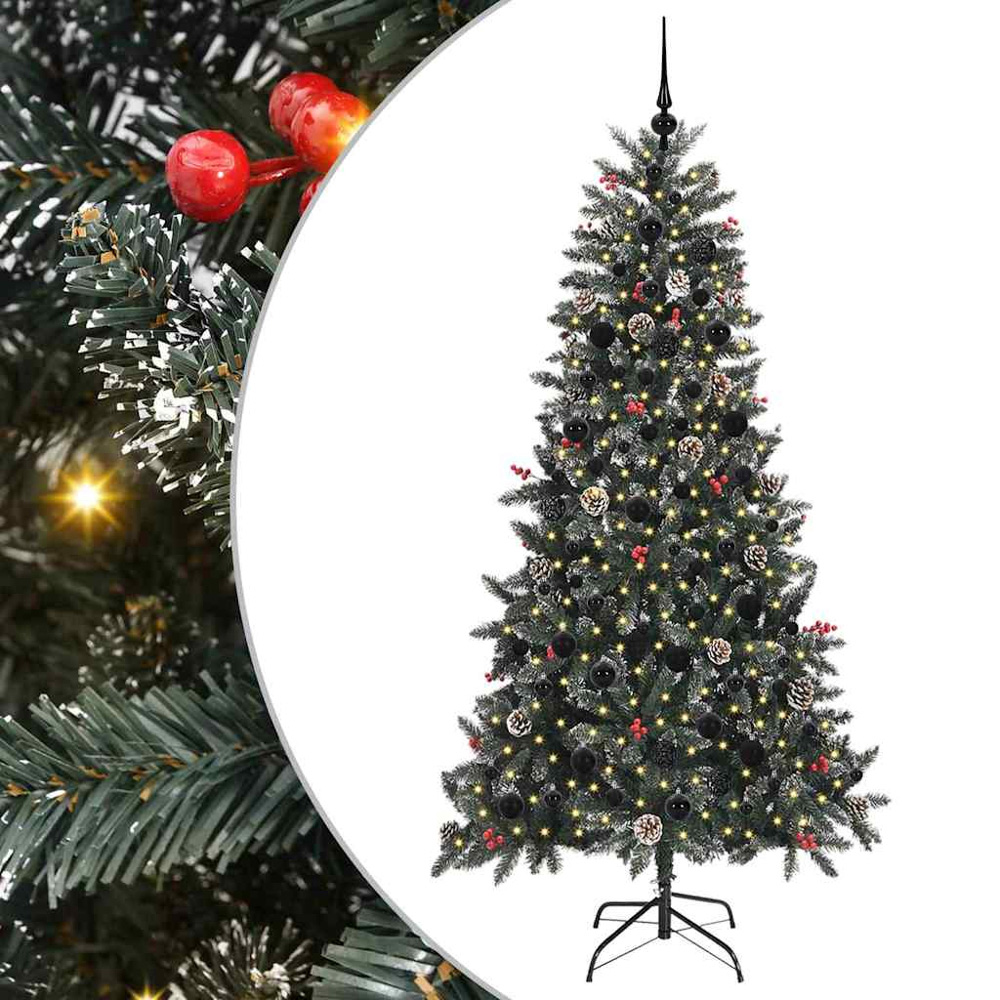 vidaXL Pre-Lit Black Baubles and Pinecones Green Artificial Snow Tipped Christmas Tree 7ft Image 2