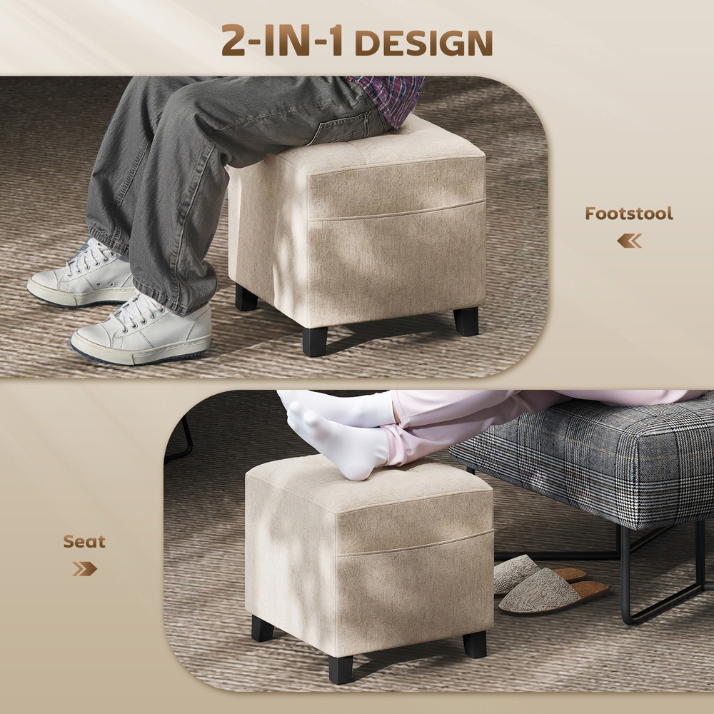 HOMCOM Beige Small Ottoman Pouffe Stool with Side Pocket Image 7