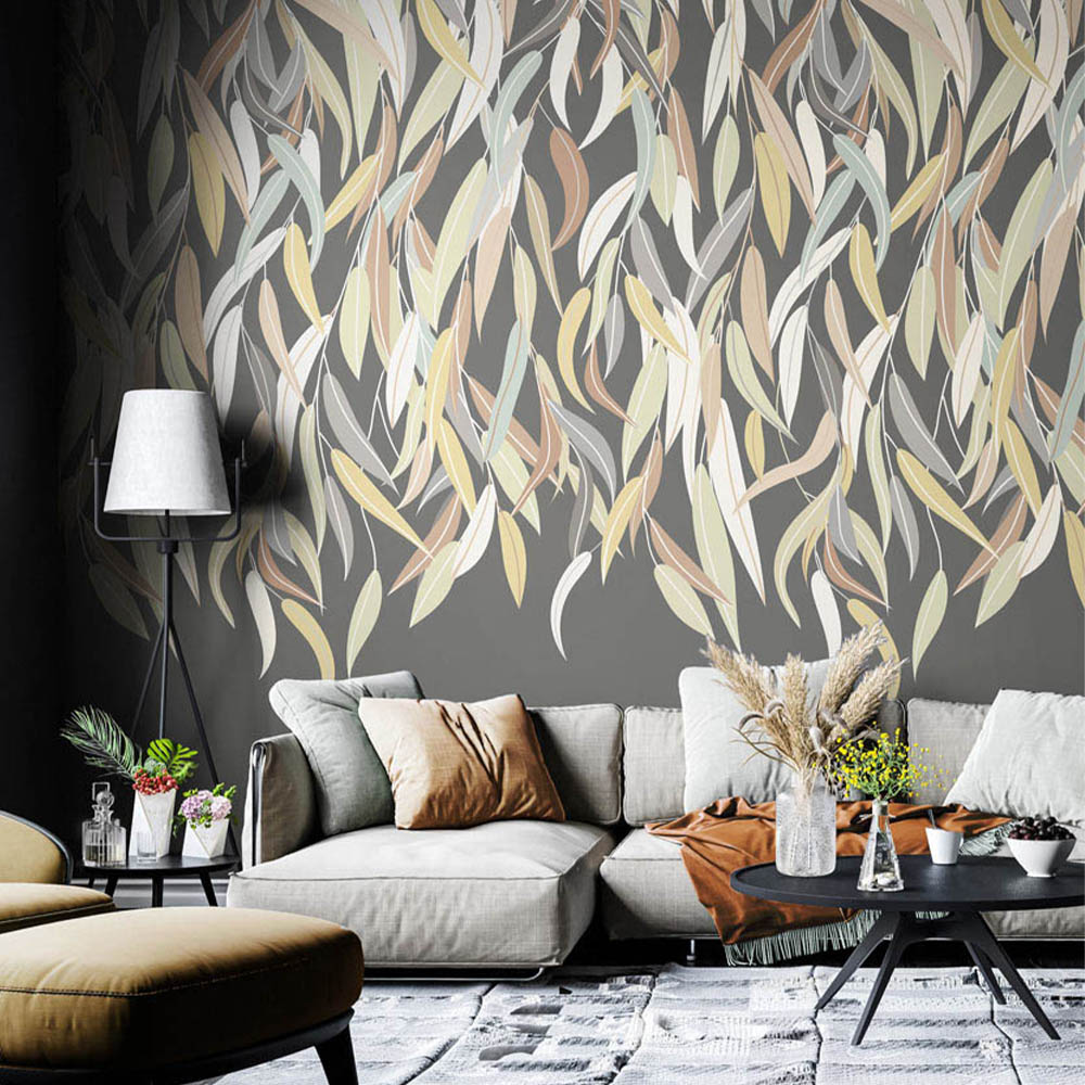 Origin Murals Repeatable Willow Leaf Vine Charcoal and Stone 3 Drop Wall Mural Image 1
