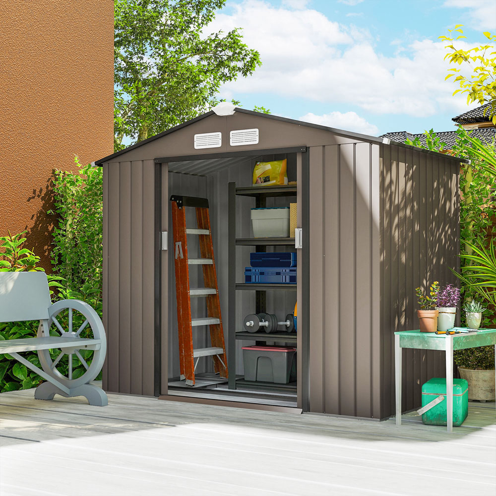 Outsunny 7 x 4ft Brown Metal Apex Garden Shed Image 2