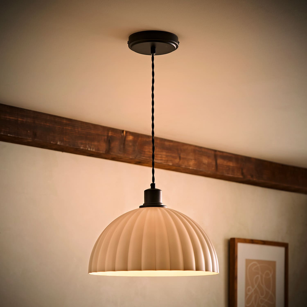ValueLights Bourton Cream Ribbed Dome Shade Matte Black Ceiling Light with Bulb Image 6