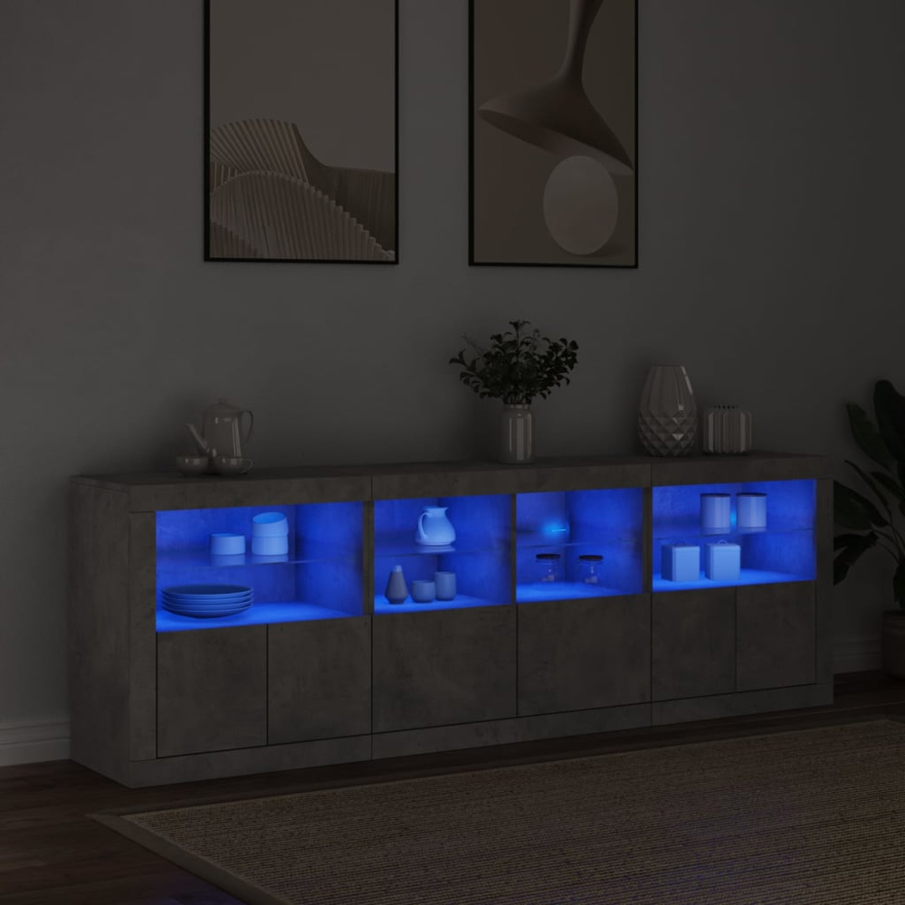 vidaXL 2 Door 2 Shelf Concrete Grey Wooden Sideboard with LED Lights Set of 3 Image 8