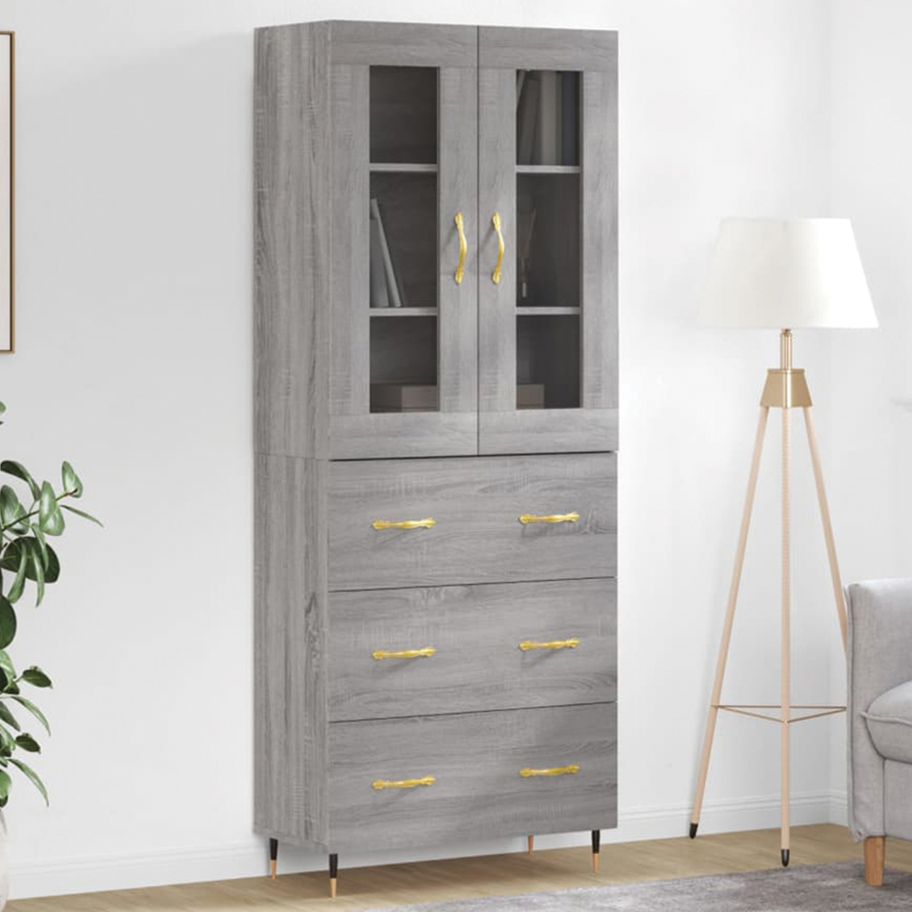 vidaXL 2 Glass Door 3 Drawer Grey Sonoma Highboard Image 1