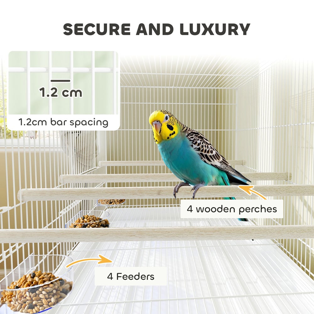 PawHut White 4 Wooden Perches Bird Cage with Divider and Tray Image 5