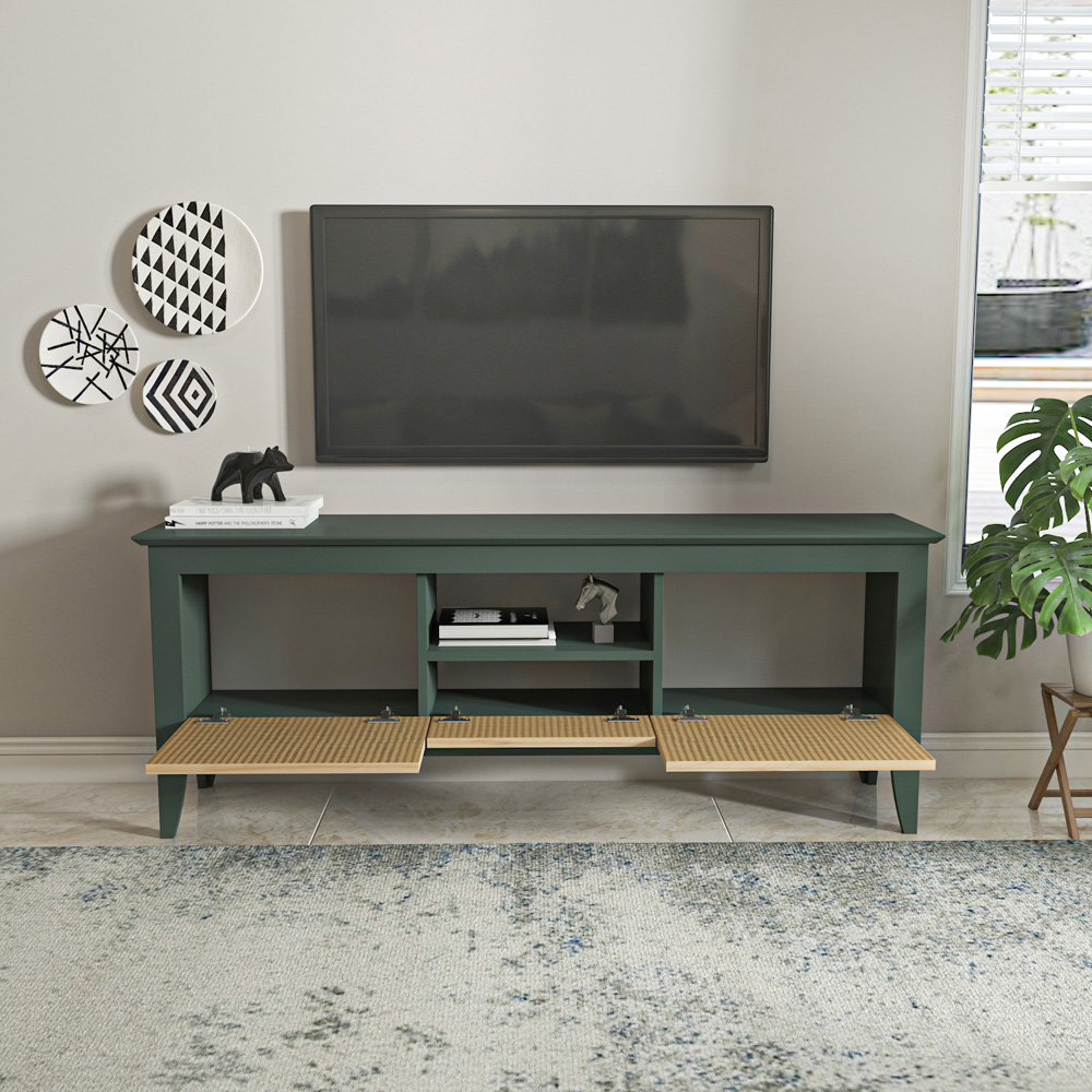 Decorotika Verde 3 Door Single Shelf Green and Rattan TV Unit Image 4