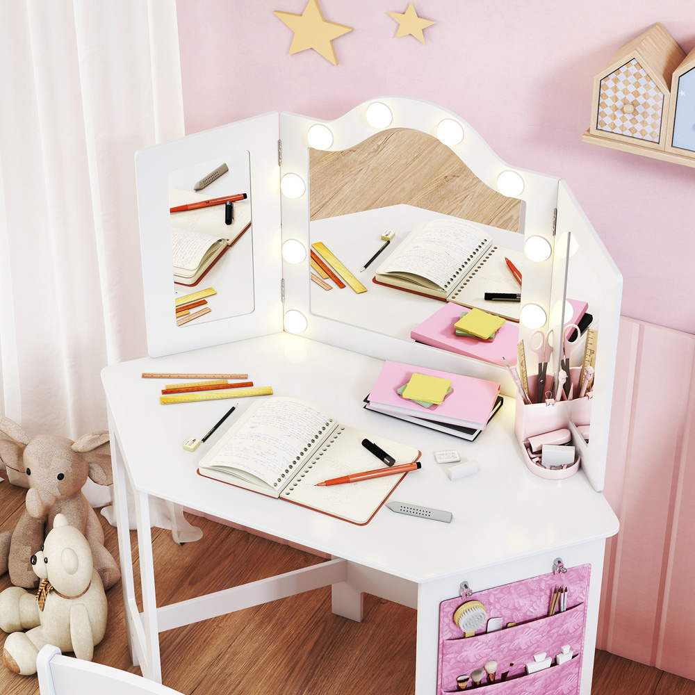 AIYAPLAY 2 Piece White LED Tri Folding Mirror Kids Vanity Table and Stool Set Image 3