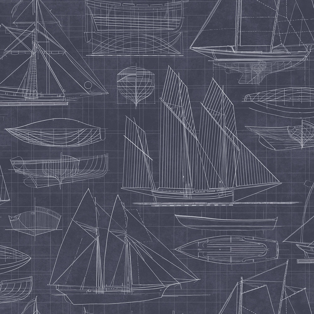 Galerie Deauville 2 Sailing Boats White Blueprint Navy Blue Wallpaper Image 1