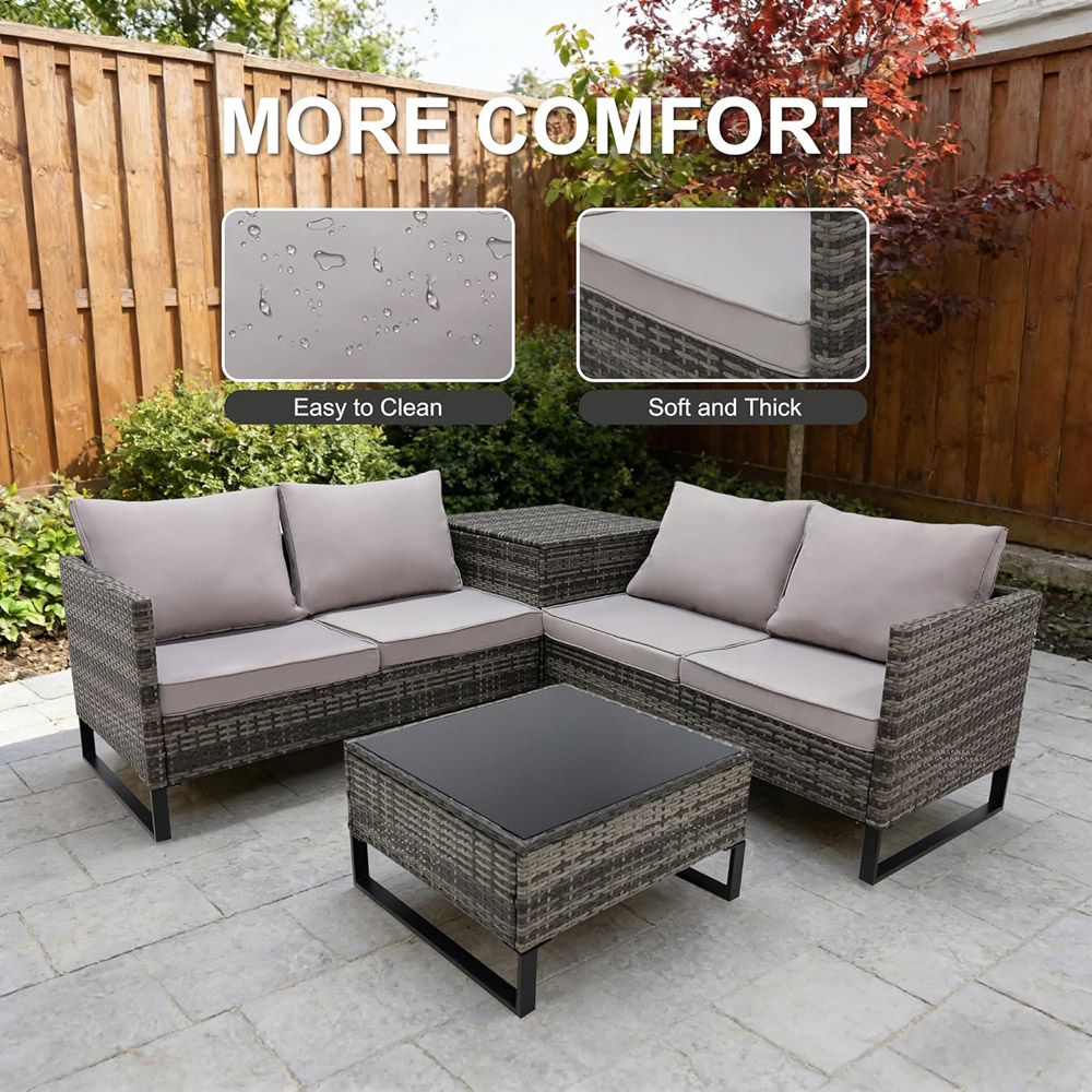 Alivio 4 Seater Grey Rattan L-Shaped Garden Sofa Set with Storage and Glass Coffee Table Image 4