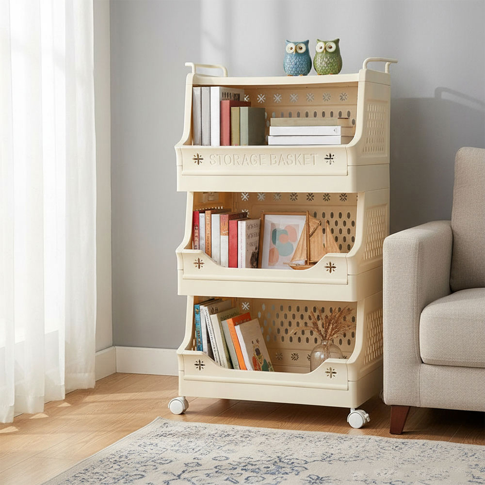 Living and Home 4-Tier Cream Foldable Plastic Storage Trolley Cart with Handles Image 7