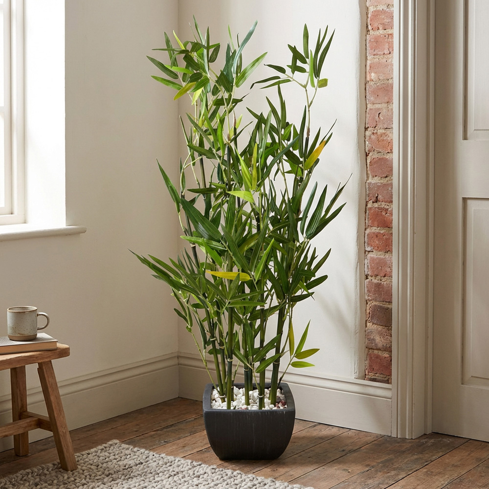 Artificial Green Bamboo Plant in Black Terracotta Pot with Pebbles Image 7