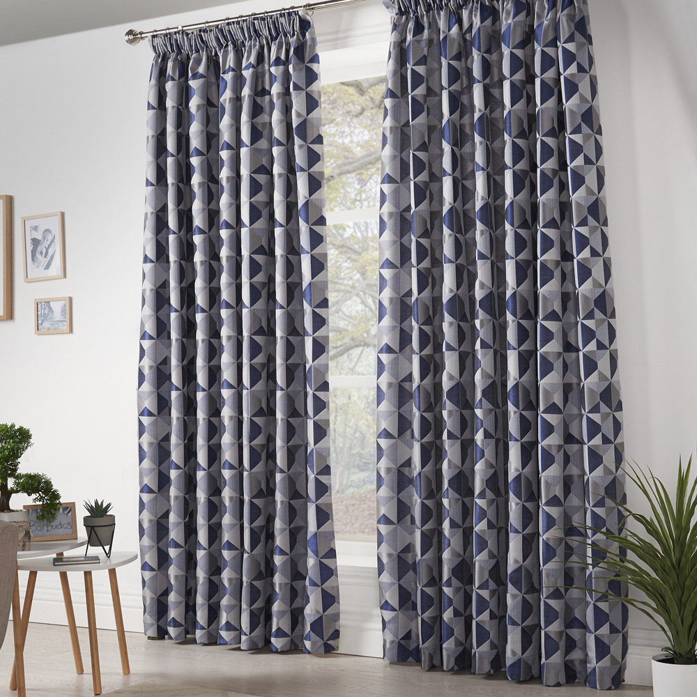 Alan Symonds Scandi Blue Grey Silver Jacquard Lined Pencil Pleat Taped Top Curtains 167 x 228cm Image 1