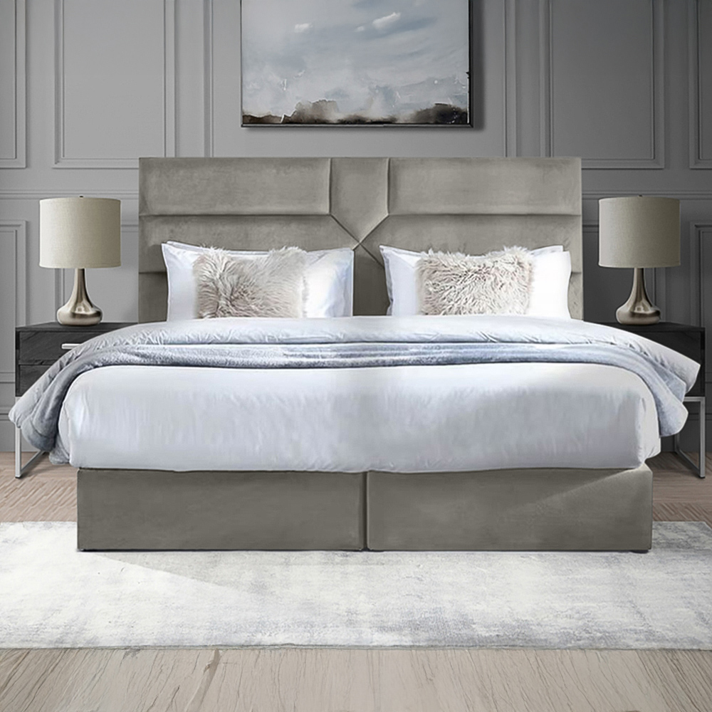 Eleganza Home Tranquilite Double Grey Plush Velvet Divan Bed with Headboard Image 1