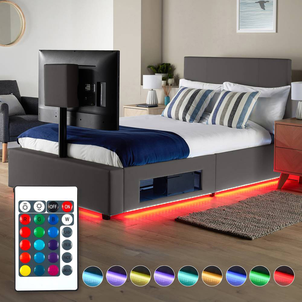 XR Living Ava Small Double Grey PU Upholstered TV Bed with Underbed Lights Image 7