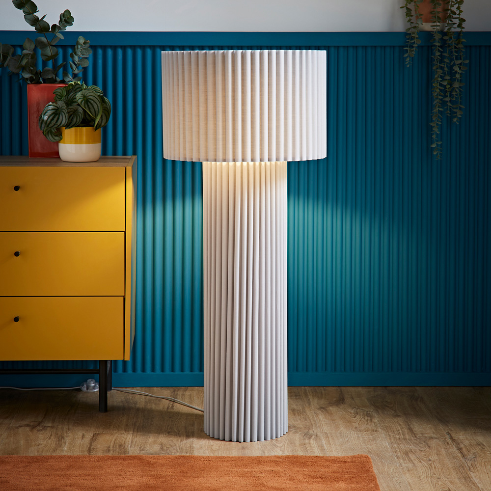ValueLights Lenny Stone Grey Drum Lamp Shade Ribbed Fabric Midi LED Floor Lamp Image 2